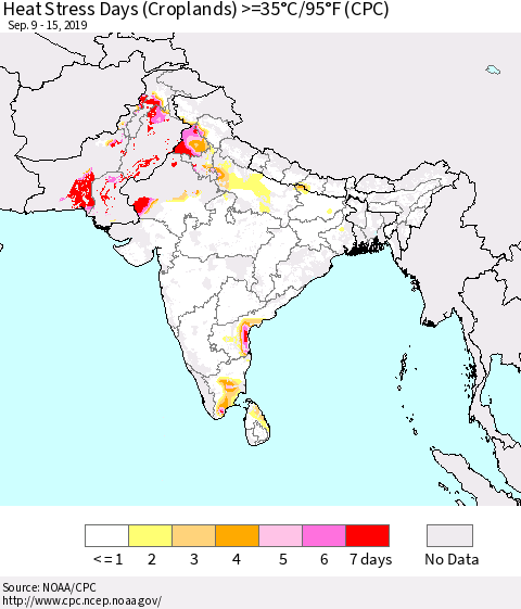 Southern Asia Heat Stress Days (Croplands) >=35°C/95°F (CPC) Thematic Map For 9/9/2019 - 9/15/2019