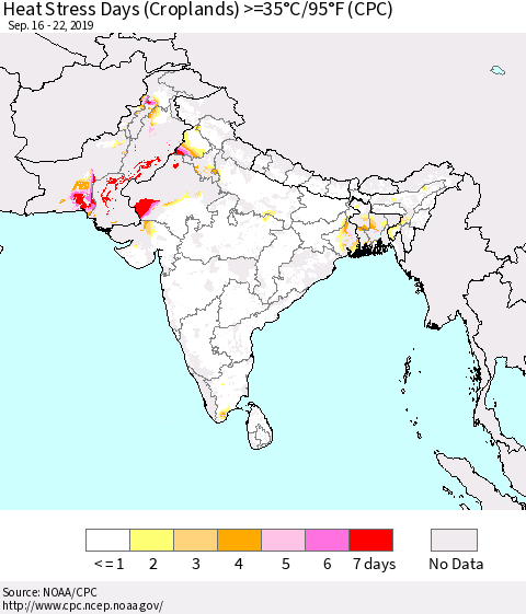 Southern Asia Heat Stress Days (Croplands) >=35°C/95°F (CPC) Thematic Map For 9/16/2019 - 9/22/2019