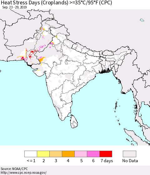 Southern Asia Heat Stress Days (Croplands) >=35°C/95°F (CPC) Thematic Map For 9/23/2019 - 9/29/2019