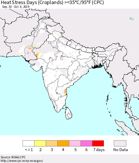 Southern Asia Heat Stress Days (Croplands) >=35°C/95°F (CPC) Thematic Map For 9/30/2019 - 10/6/2019