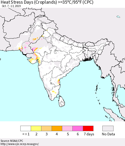 Southern Asia Heat Stress Days (Croplands) >=35°C/95°F (CPC) Thematic Map For 10/7/2019 - 10/13/2019