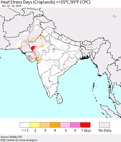 Southern Asia Heat Stress Days (Croplands) >=35°C/95°F (CPC) Thematic Map For 10/14/2019 - 10/20/2019