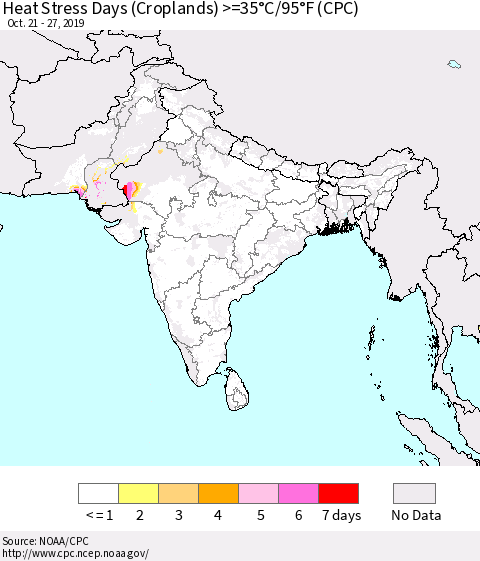 Southern Asia Heat Stress Days (Croplands) >=35°C/95°F (CPC) Thematic Map For 10/21/2019 - 10/27/2019