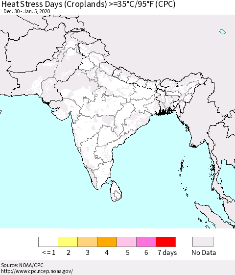 Southern Asia Heat Stress Days (Croplands) >=35°C/95°F (CPC) Thematic Map For 12/30/2019 - 1/5/2020