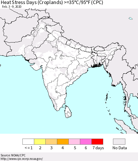 Southern Asia Heat Stress Days (Croplands) >=35°C/95°F (CPC) Thematic Map For 2/3/2020 - 2/9/2020