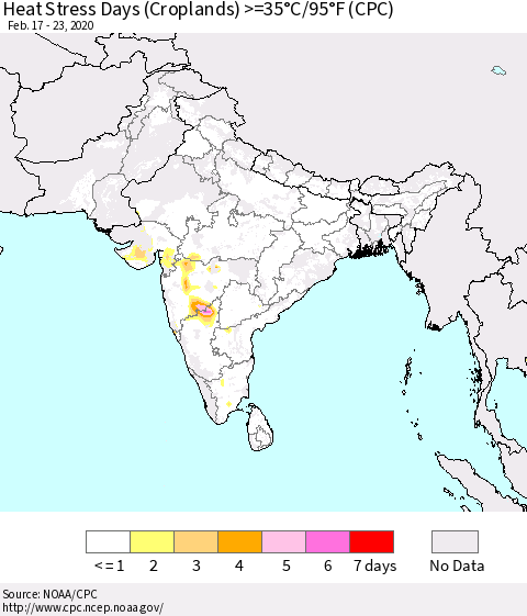 Southern Asia Heat Stress Days (Croplands) >=35°C/95°F (CPC) Thematic Map For 2/17/2020 - 2/23/2020