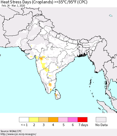 Southern Asia Heat Stress Days (Croplands) >=35°C/95°F (CPC) Thematic Map For 2/24/2020 - 3/1/2020
