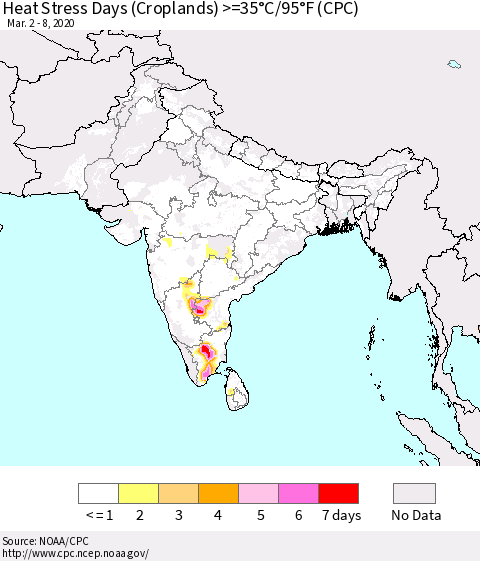 Southern Asia Heat Stress Days (Croplands) >=35°C/95°F (CPC) Thematic Map For 3/2/2020 - 3/8/2020