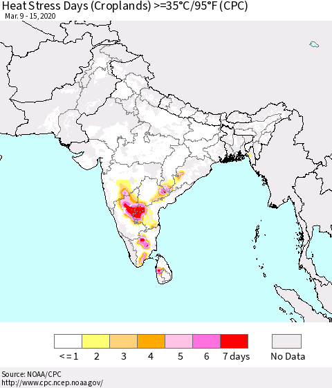 Southern Asia Heat Stress Days (Croplands) >=35°C/95°F (CPC) Thematic Map For 3/9/2020 - 3/15/2020