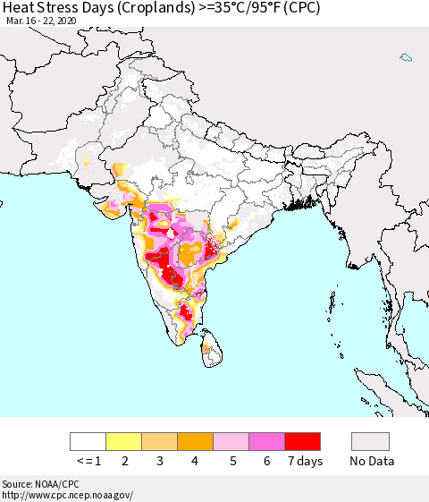 Southern Asia Heat Stress Days (Croplands) >=35°C/95°F (CPC) Thematic Map For 3/16/2020 - 3/22/2020
