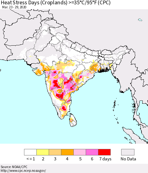 Southern Asia Heat Stress Days (Croplands) >=35°C/95°F (CPC) Thematic Map For 3/23/2020 - 3/29/2020