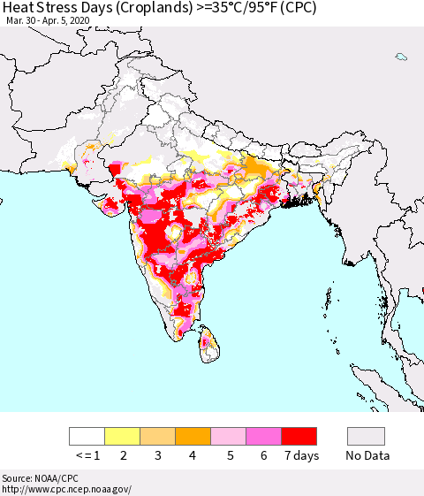 Southern Asia Heat Stress Days (Croplands) >=35°C/95°F (CPC) Thematic Map For 3/30/2020 - 4/5/2020