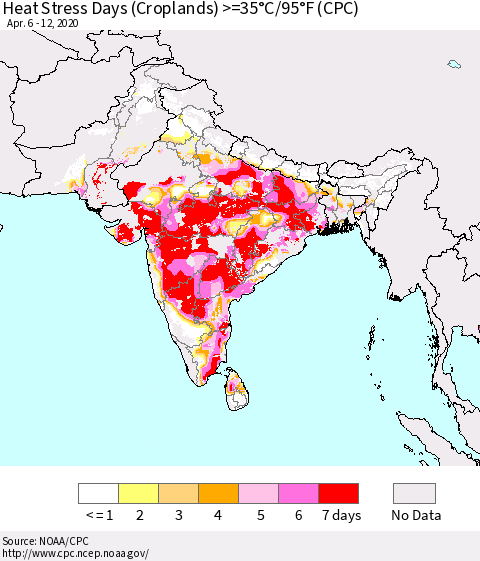 Southern Asia Heat Stress Days (Croplands) >=35°C/95°F (CPC) Thematic Map For 4/6/2020 - 4/12/2020