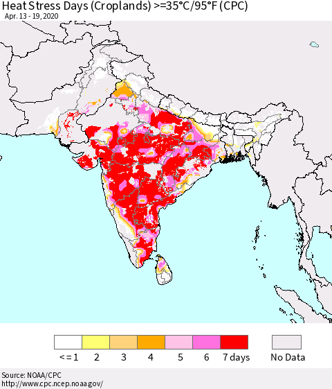 Southern Asia Heat Stress Days (Croplands) >=35°C/95°F (CPC) Thematic Map For 4/13/2020 - 4/19/2020