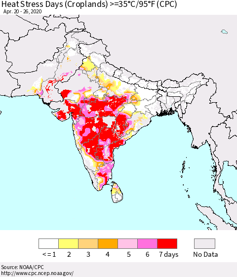 Southern Asia Heat Stress Days (Croplands) >=35°C/95°F (CPC) Thematic Map For 4/20/2020 - 4/26/2020