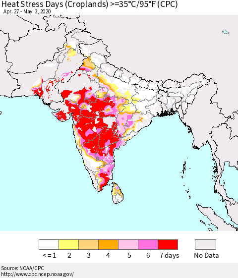 Southern Asia Heat Stress Days (Croplands) >=35°C/95°F (CPC) Thematic Map For 4/27/2020 - 5/3/2020