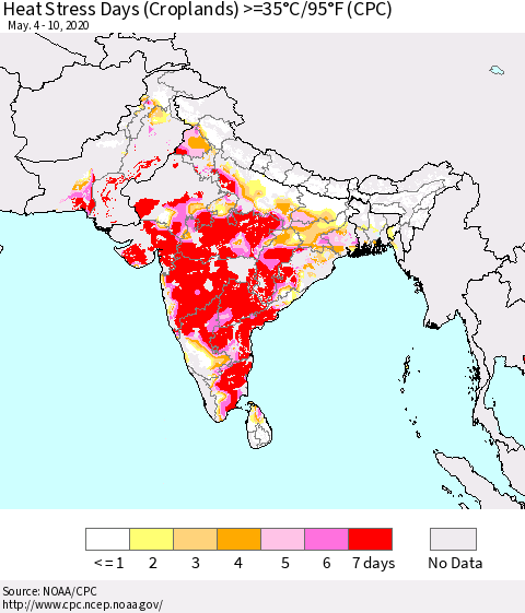 Southern Asia Heat Stress Days (Croplands) >=35°C/95°F (CPC) Thematic Map For 5/4/2020 - 5/10/2020