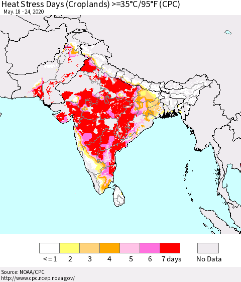 Southern Asia Heat Stress Days (Croplands) >=35°C/95°F (CPC) Thematic Map For 5/18/2020 - 5/24/2020