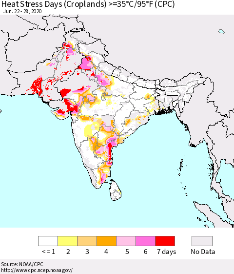 Southern Asia Heat Stress Days (Croplands) >=35°C/95°F (CPC) Thematic Map For 6/22/2020 - 6/28/2020