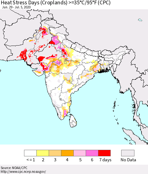 Southern Asia Heat Stress Days (Croplands) >=35°C/95°F (CPC) Thematic Map For 6/29/2020 - 7/5/2020