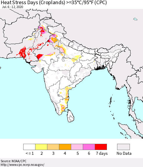 Southern Asia Heat Stress Days (Croplands) >=35°C/95°F (CPC) Thematic Map For 7/6/2020 - 7/12/2020