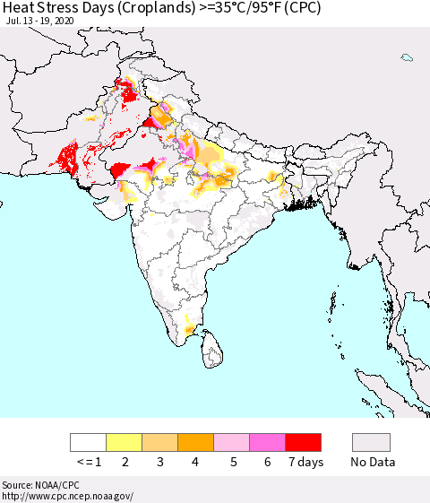 Southern Asia Heat Stress Days (Croplands) >=35°C/95°F (CPC) Thematic Map For 7/13/2020 - 7/19/2020