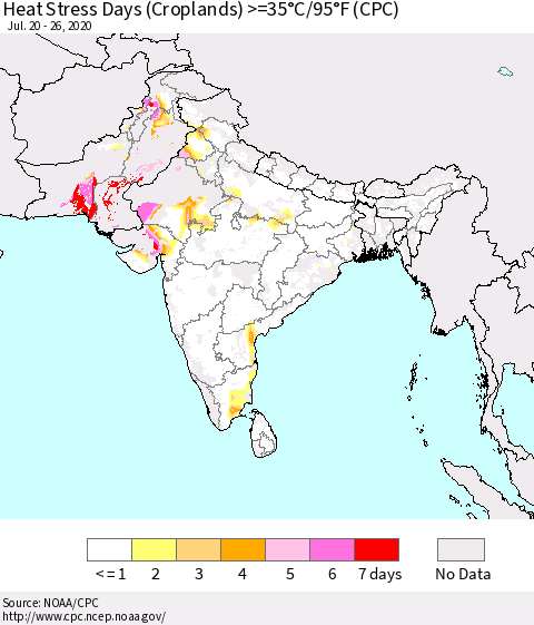 Southern Asia Heat Stress Days (Croplands) >=35°C/95°F (CPC) Thematic Map For 7/20/2020 - 7/26/2020