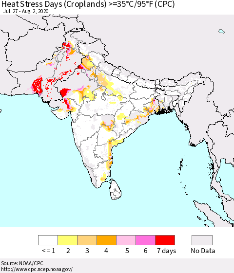 Southern Asia Heat Stress Days (Croplands) >=35°C/95°F (CPC) Thematic Map For 7/27/2020 - 8/2/2020