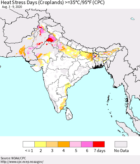 Southern Asia Heat Stress Days (Croplands) >=35°C/95°F (CPC) Thematic Map For 8/3/2020 - 8/9/2020