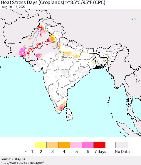 Southern Asia Heat Stress Days (Croplands) >=35°C/95°F (CPC) Thematic Map For 8/10/2020 - 8/16/2020