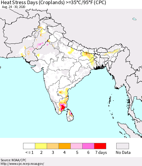 Southern Asia Heat Stress Days (Croplands) >=35°C/95°F (CPC) Thematic Map For 8/24/2020 - 8/30/2020