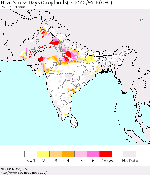 Southern Asia Heat Stress Days (Croplands) >=35°C/95°F (CPC) Thematic Map For 9/7/2020 - 9/13/2020