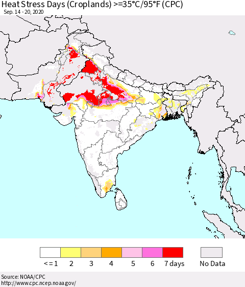 Southern Asia Heat Stress Days (Croplands) >=35°C/95°F (CPC) Thematic Map For 9/14/2020 - 9/20/2020