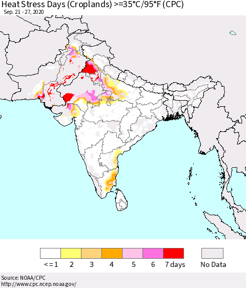 Southern Asia Heat Stress Days (Croplands) >=35°C/95°F (CPC) Thematic Map For 9/21/2020 - 9/27/2020