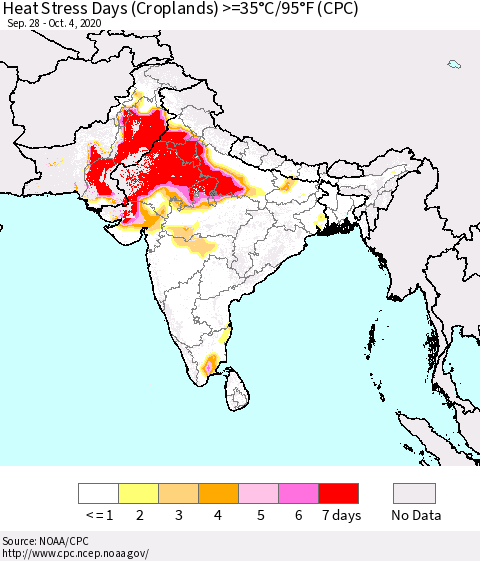 Southern Asia Heat Stress Days (Croplands) >=35°C/95°F (CPC) Thematic Map For 9/28/2020 - 10/4/2020