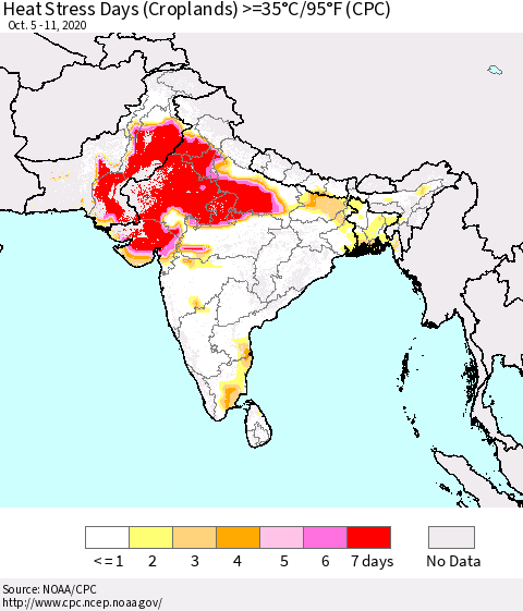 Southern Asia Heat Stress Days (Croplands) >=35°C/95°F (CPC) Thematic Map For 10/5/2020 - 10/11/2020