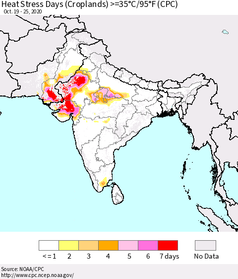 Southern Asia Heat Stress Days (Croplands) >=35°C/95°F (CPC) Thematic Map For 10/19/2020 - 10/25/2020