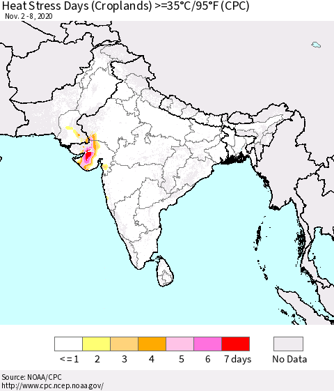 Southern Asia Heat Stress Days (Croplands) >=35°C/95°F (CPC) Thematic Map For 11/2/2020 - 11/8/2020