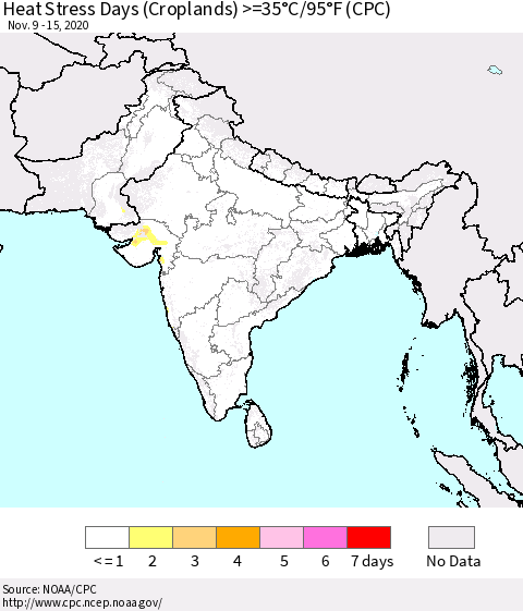 Southern Asia Heat Stress Days (Croplands) >=35°C/95°F (CPC) Thematic Map For 11/9/2020 - 11/15/2020