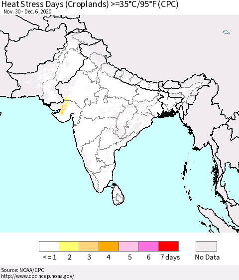 Southern Asia Heat Stress Days (Croplands) >=35°C/95°F (CPC) Thematic Map For 11/30/2020 - 12/6/2020
