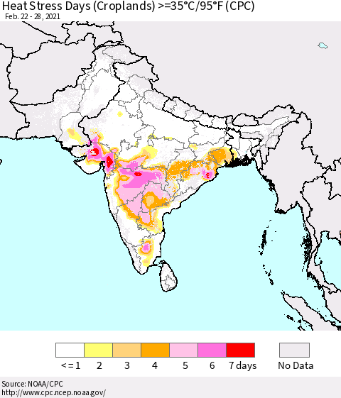 Southern Asia Heat Stress Days (Croplands) >=35°C/95°F (CPC) Thematic Map For 2/22/2021 - 2/28/2021
