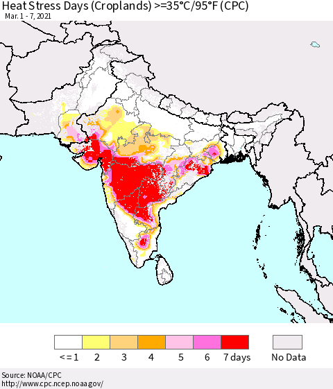 Southern Asia Heat Stress Days (Croplands) >=35°C/95°F (CPC) Thematic Map For 3/1/2021 - 3/7/2021