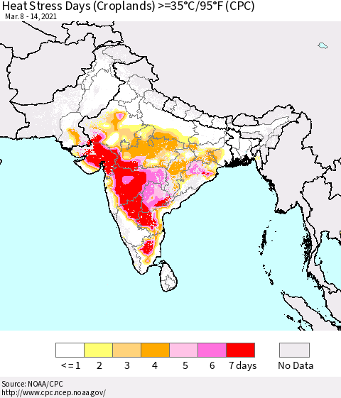 Southern Asia Heat Stress Days (Croplands) >=35°C/95°F (CPC) Thematic Map For 3/8/2021 - 3/14/2021