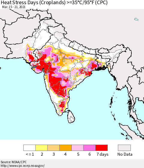 Southern Asia Heat Stress Days (Croplands) >=35°C/95°F (CPC) Thematic Map For 3/15/2021 - 3/21/2021