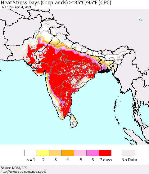 Southern Asia Heat Stress Days (Croplands) >=35°C/95°F (CPC) Thematic Map For 3/29/2021 - 4/4/2021