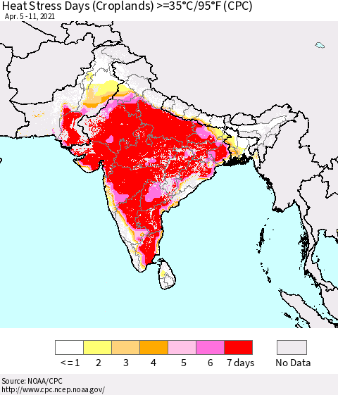 Southern Asia Heat Stress Days (Croplands) >=35°C/95°F (CPC) Thematic Map For 4/5/2021 - 4/11/2021
