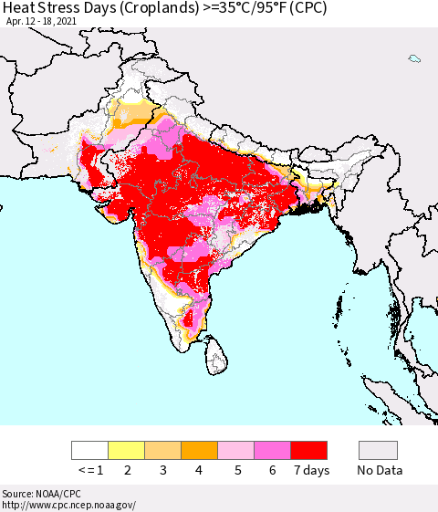 Southern Asia Heat Stress Days (Croplands) >=35°C/95°F (CPC) Thematic Map For 4/12/2021 - 4/18/2021