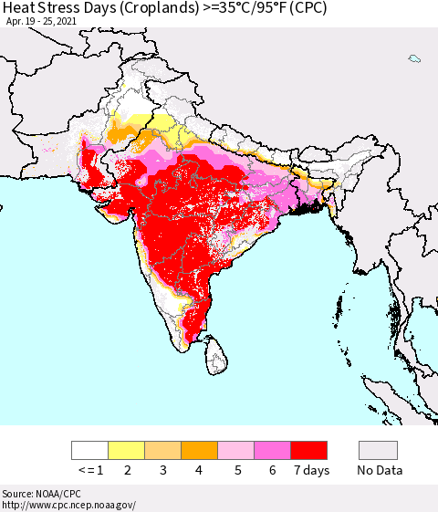 Southern Asia Heat Stress Days (Croplands) >=35°C/95°F (CPC) Thematic Map For 4/19/2021 - 4/25/2021