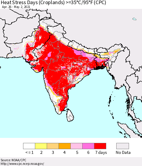 Southern Asia Heat Stress Days (Croplands) >=35°C/95°F (CPC) Thematic Map For 4/26/2021 - 5/2/2021