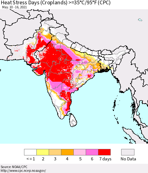 Southern Asia Heat Stress Days (Croplands) >=35°C/95°F (CPC) Thematic Map For 5/10/2021 - 5/16/2021